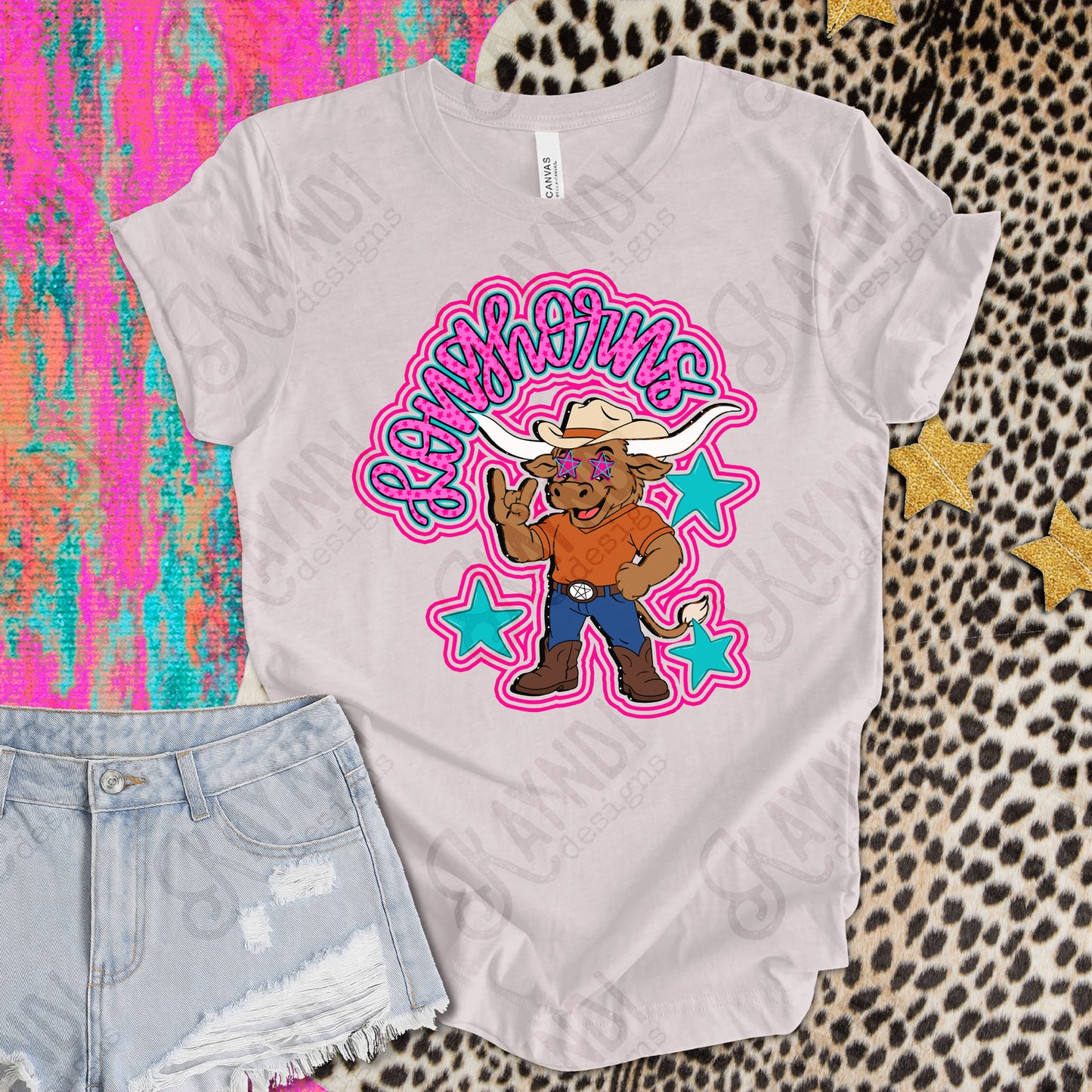Friendly Mascot Longhorn Pink Colorful PNG Digital Download Sublimation DTF Print Preppy Colorful Mascot Spirit