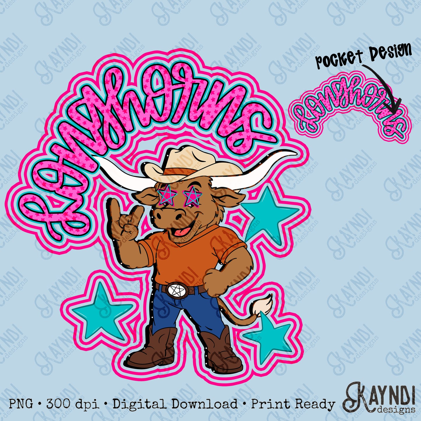 Friendly Mascot Longhorn Pink Colorful PNG Digital Download Sublimation DTF Print Preppy Colorful Mascot Spirit
