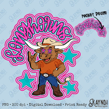 Friendly Mascot Longhorn Pink Colorful PNG Digital Download Sublimation DTF Print Preppy Colorful Mascot Spirit