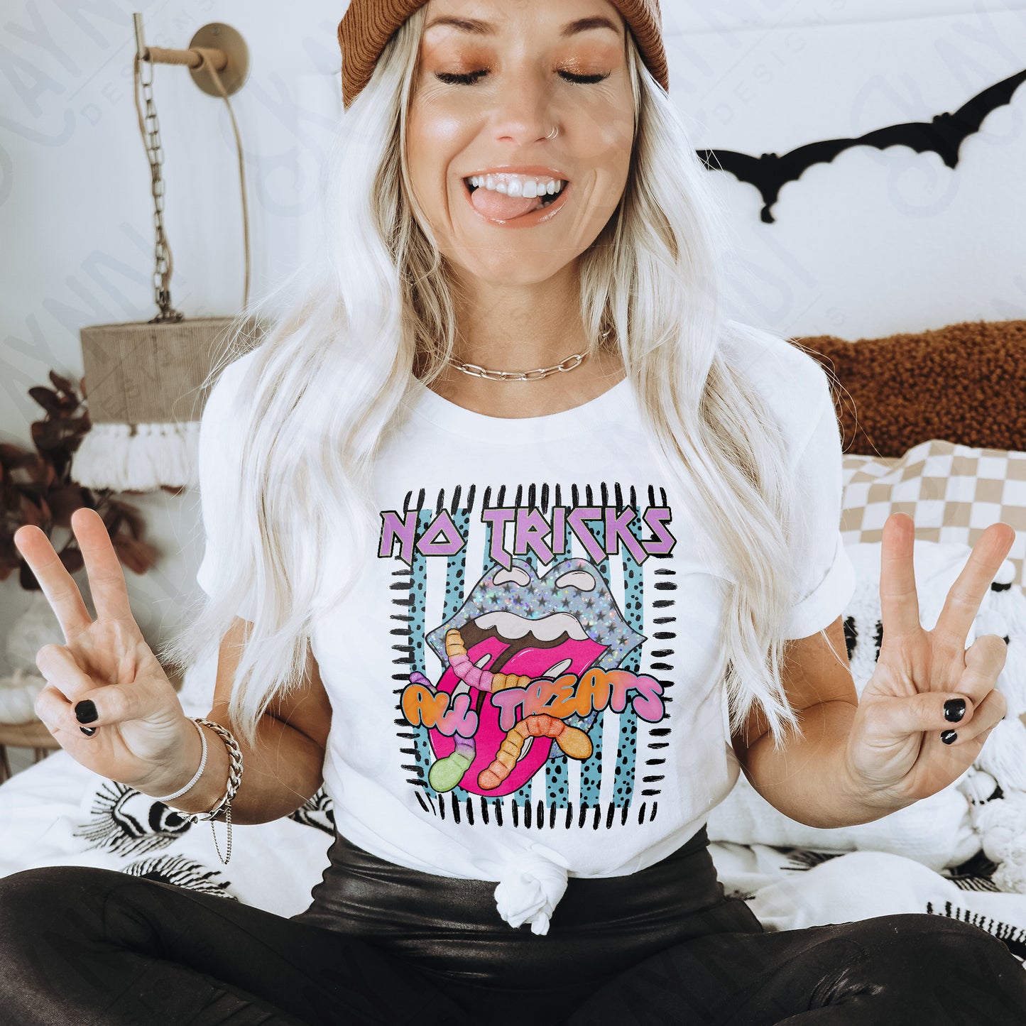 No Tricks All Treats Black PNG Digital Download Sublimation DTF Print Candy Lips Stripes Halloween