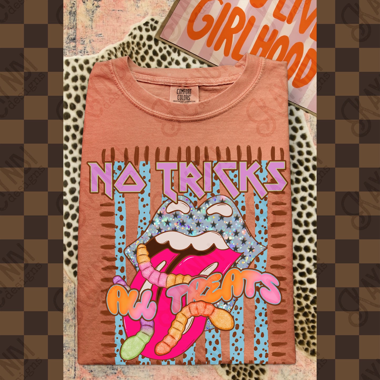 No Tricks All Treats Brown PNG Digital Download Sublimation DTF Print Candy Lips Stripes Halloween