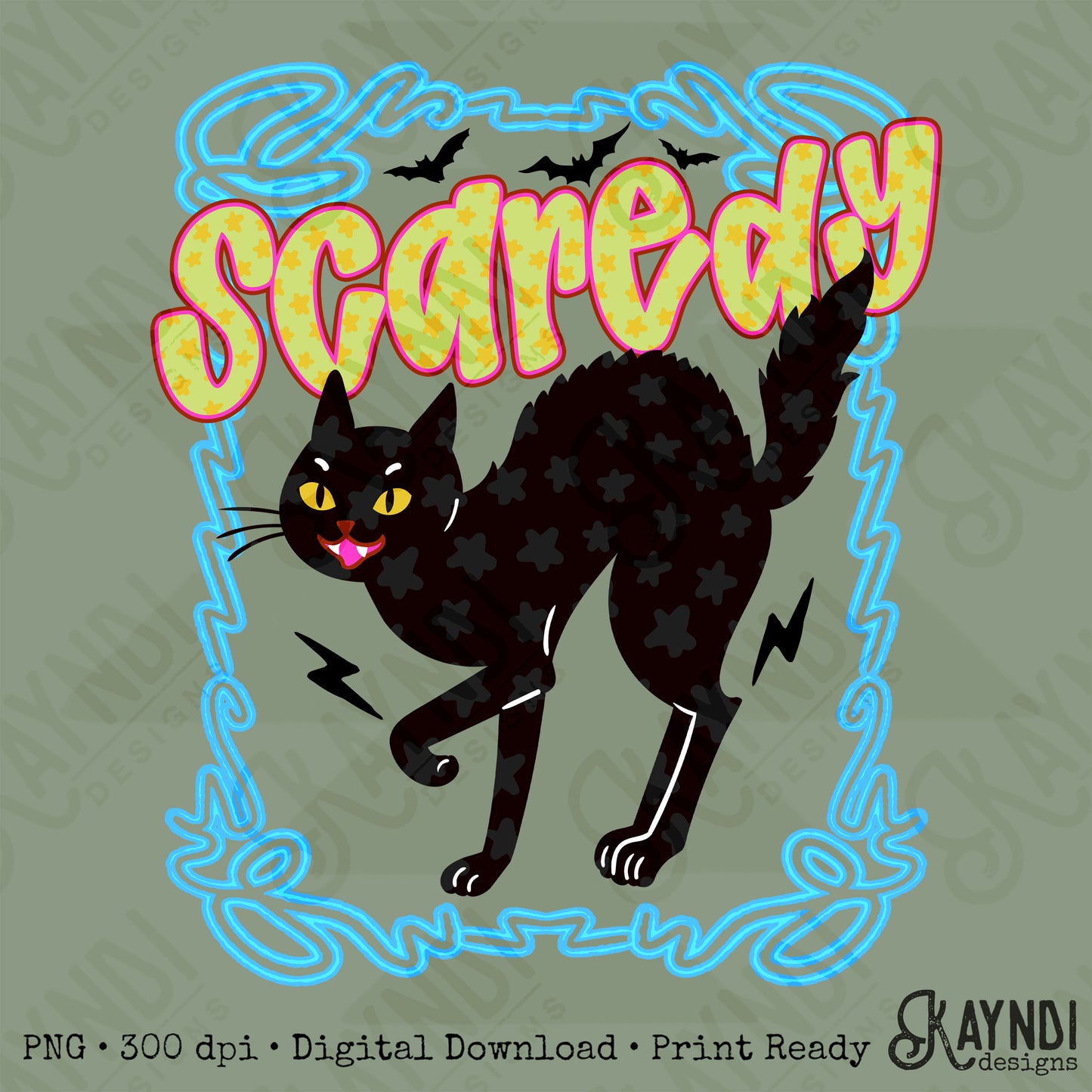 Scaredy Cat PNG Digital Download Sublimation DTF Print Spooky Star Neon