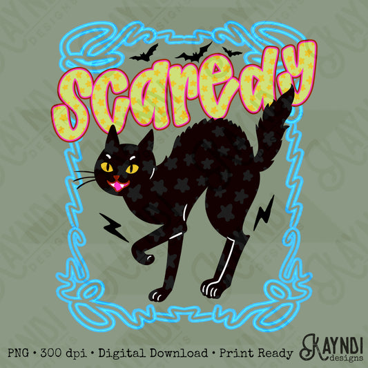 Scaredy Cat PNG Digital Download Sublimation DTF Print Spooky Star Neon