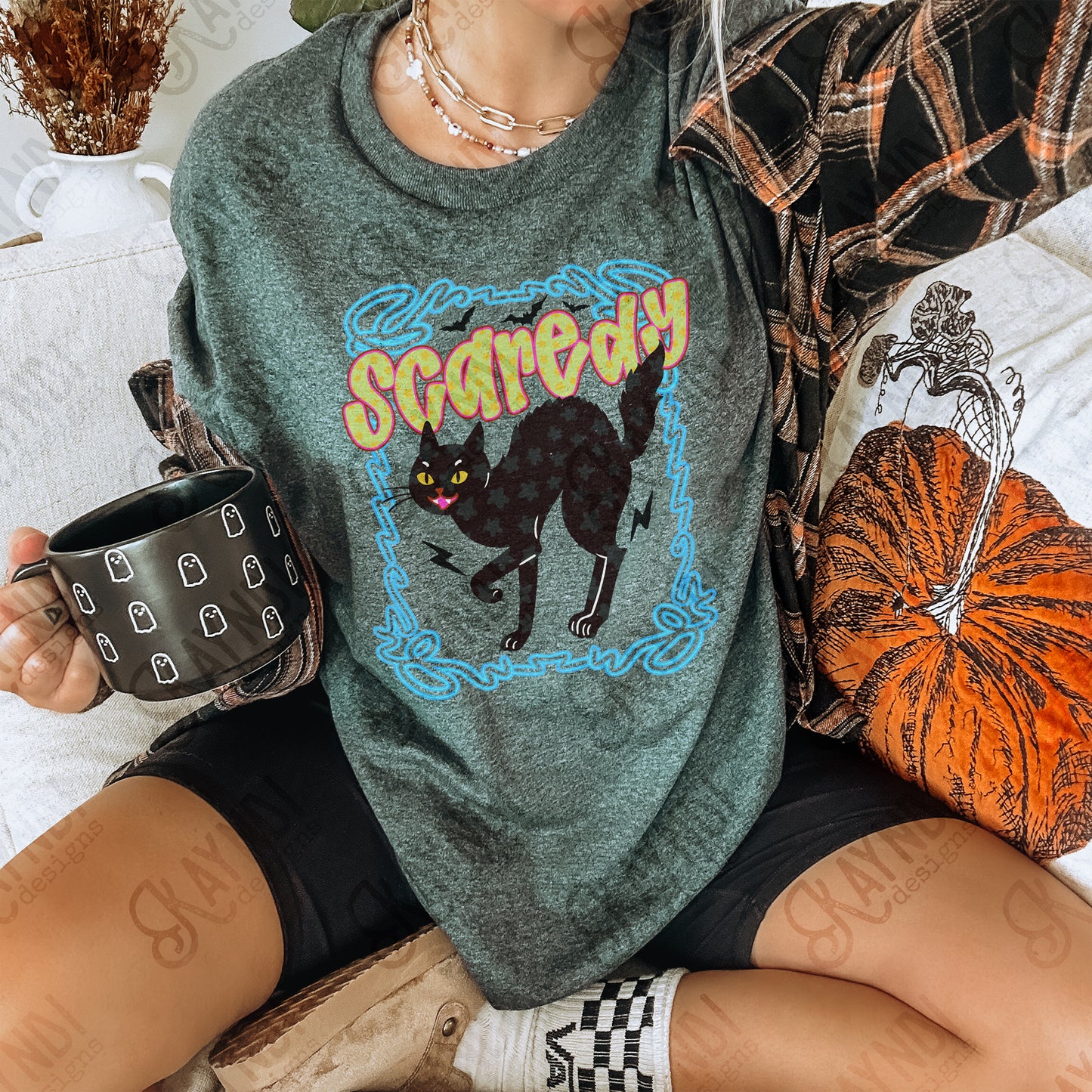 Scaredy Cat PNG Digital Download Sublimation DTF Print Spooky Star Neon