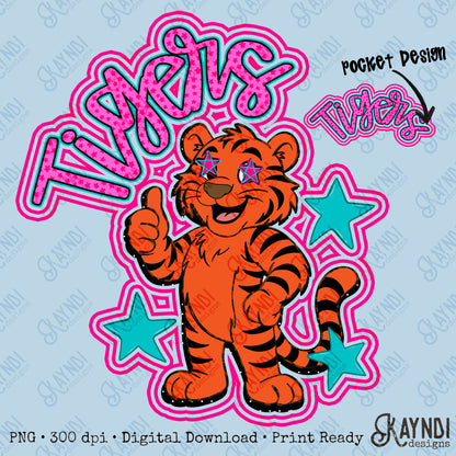 Friendly Mascot Tiger Pink Colorful PNG Digital Download Sublimation DTF Print Preppy Colorful Mascot Spirit
