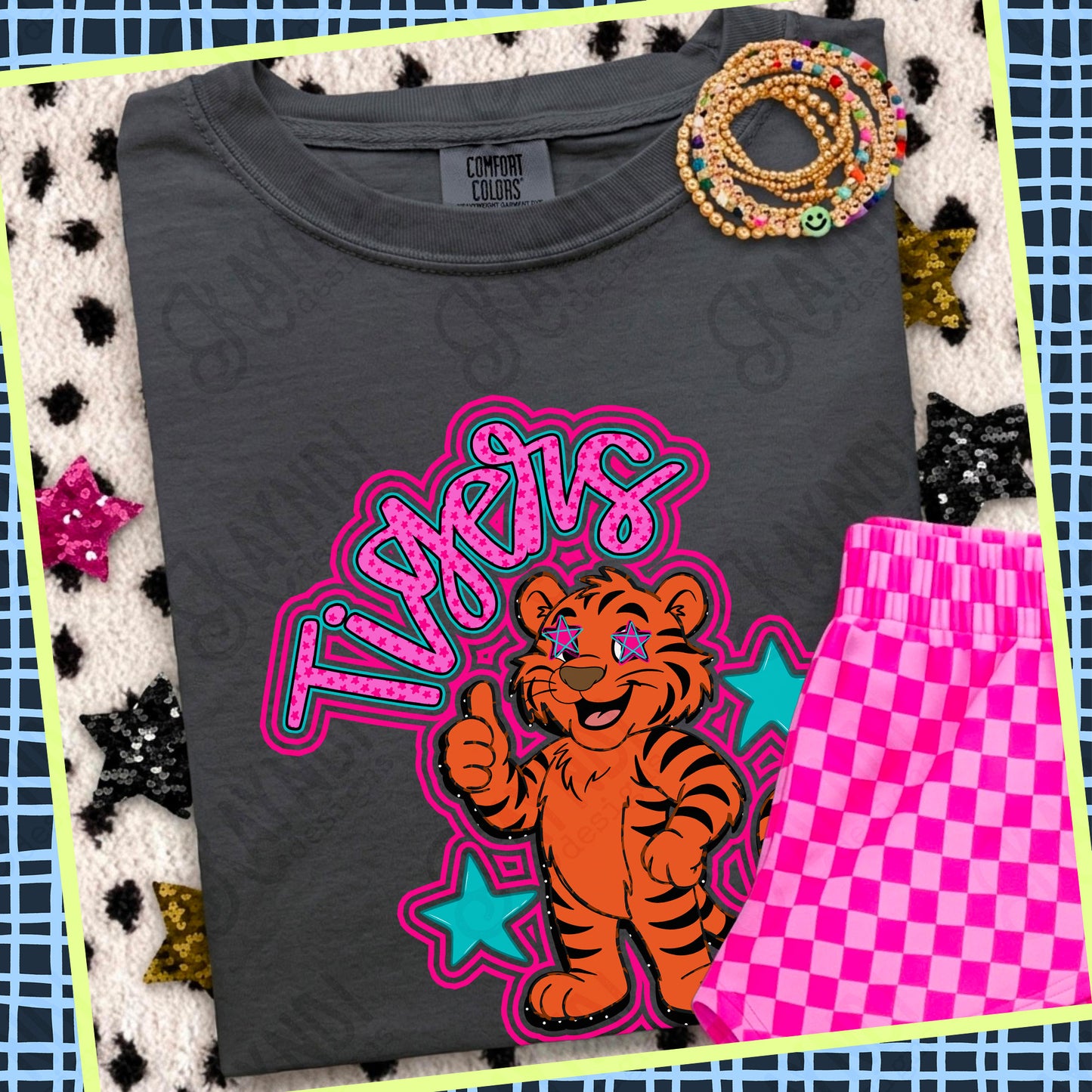 Friendly Mascot Tiger Pink Colorful PNG Digital Download Sublimation DTF Print Preppy Colorful Mascot Spirit
