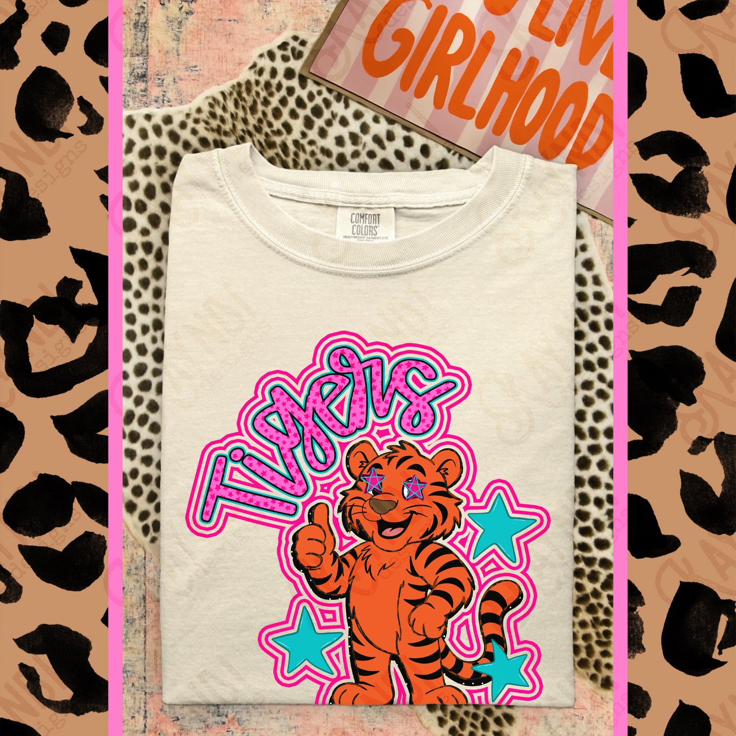 Friendly Mascot Tiger Pink Colorful PNG Digital Download Sublimation DTF Print Preppy Colorful Mascot Spirit