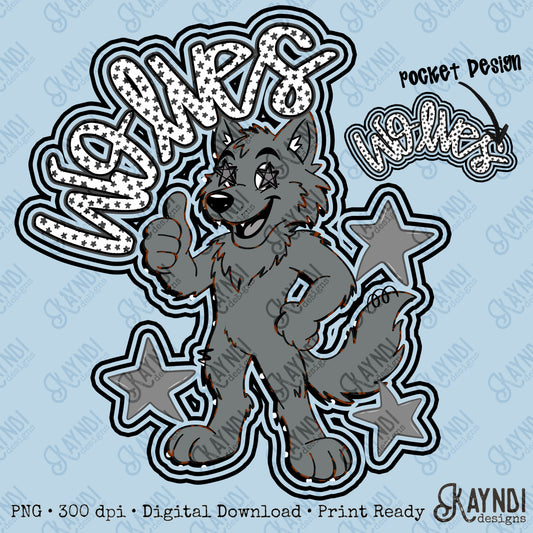 Friendly Mascot Wolf Black Neutral PNG Digital Download Sublimation DTF Print Preppy Colorful Mascot Spirit