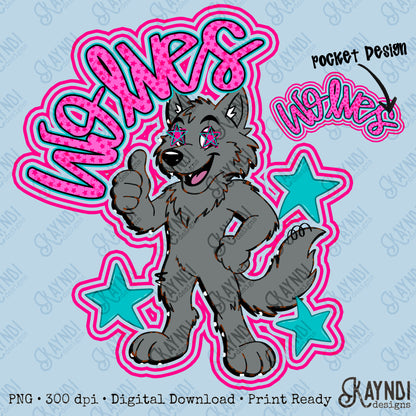 Friendly Mascot Wolf Pink Colorful PNG Digital Download Sublimation DTF Print Preppy Colorful Mascot Spirit