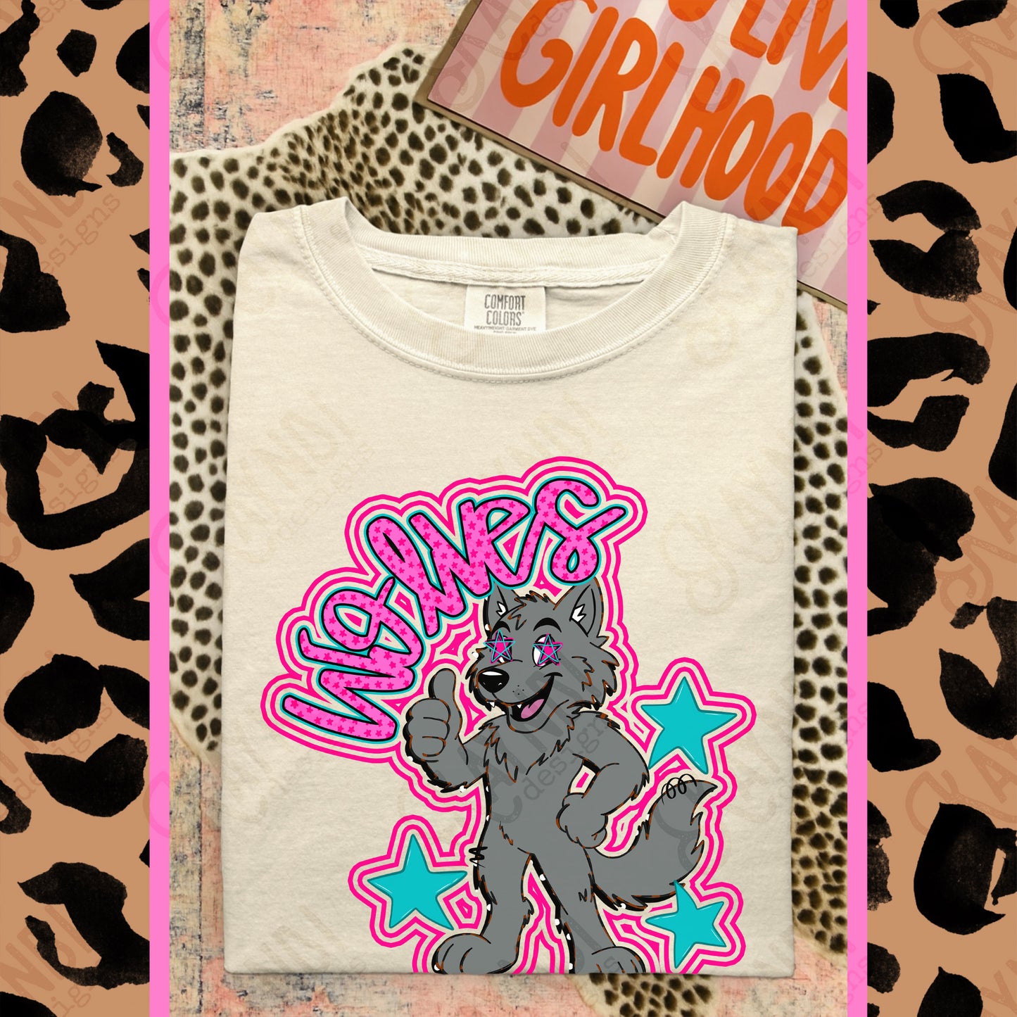 Friendly Mascot Wolf Pink Colorful PNG Digital Download Sublimation DTF Print Preppy Colorful Mascot Spirit