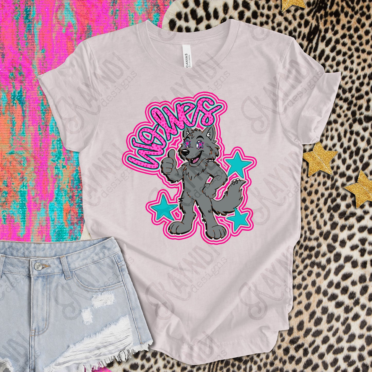 Friendly Mascot Wolf Pink Colorful PNG Digital Download Sublimation DTF Print Preppy Colorful Mascot Spirit