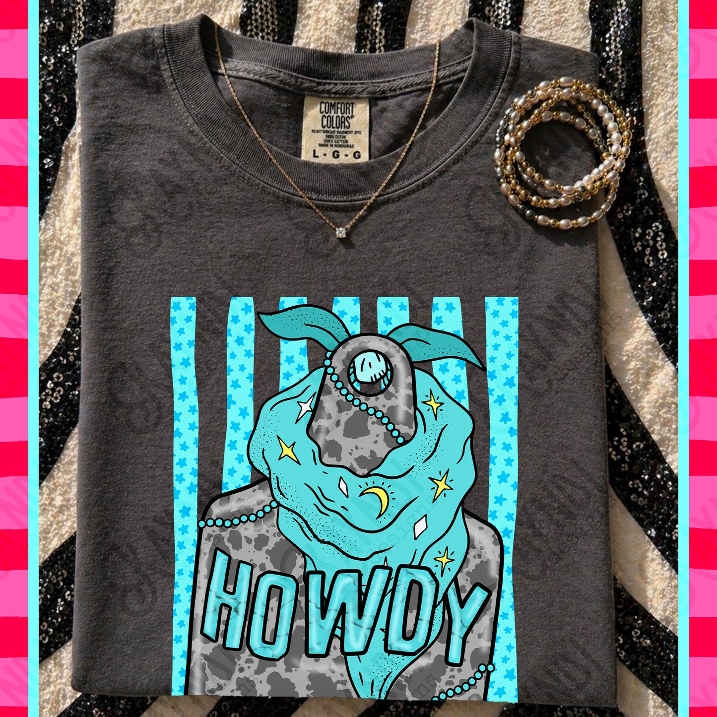 Howdy PNG Digital Download Sublimation DTF Print Preppy Cow tag Turquoise Wild Rag Bandana