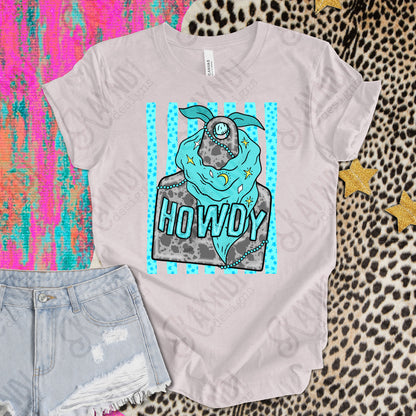 Howdy PNG Digital Download Sublimation DTF Print Preppy Cow tag Turquoise Wild Rag Bandana