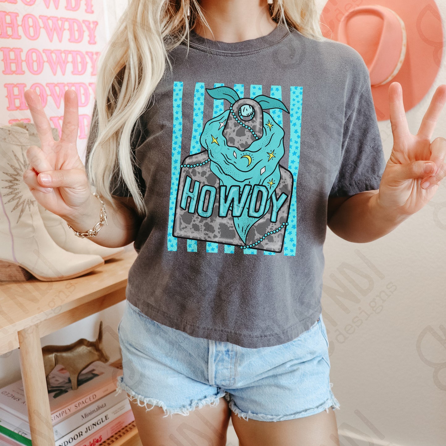 Howdy PNG Digital Download Sublimation DTF Print Preppy Cow tag Turquoise Wild Rag Bandana