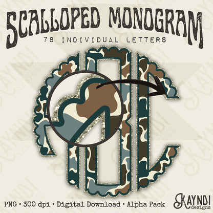 Duck Camo Dark Glitter Scalloped Monogram Set Sublimation Design PNG Digital Download Printable Green