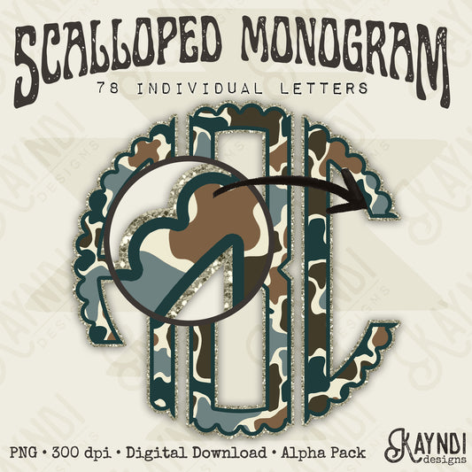 Duck Camo Dark Glitter Scalloped Monogram Set Sublimation Design PNG Digital Download Printable Green