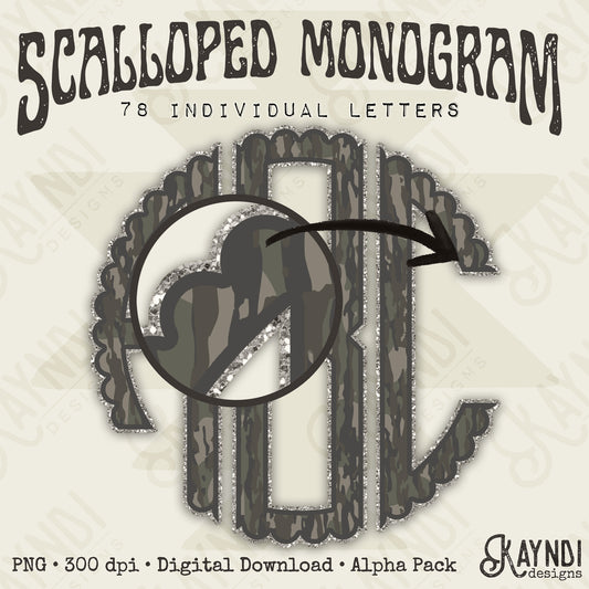 Duck Camo Woodland Glitter Scalloped Monogram Set Sublimation Design PNG Digital Download Printable Camo