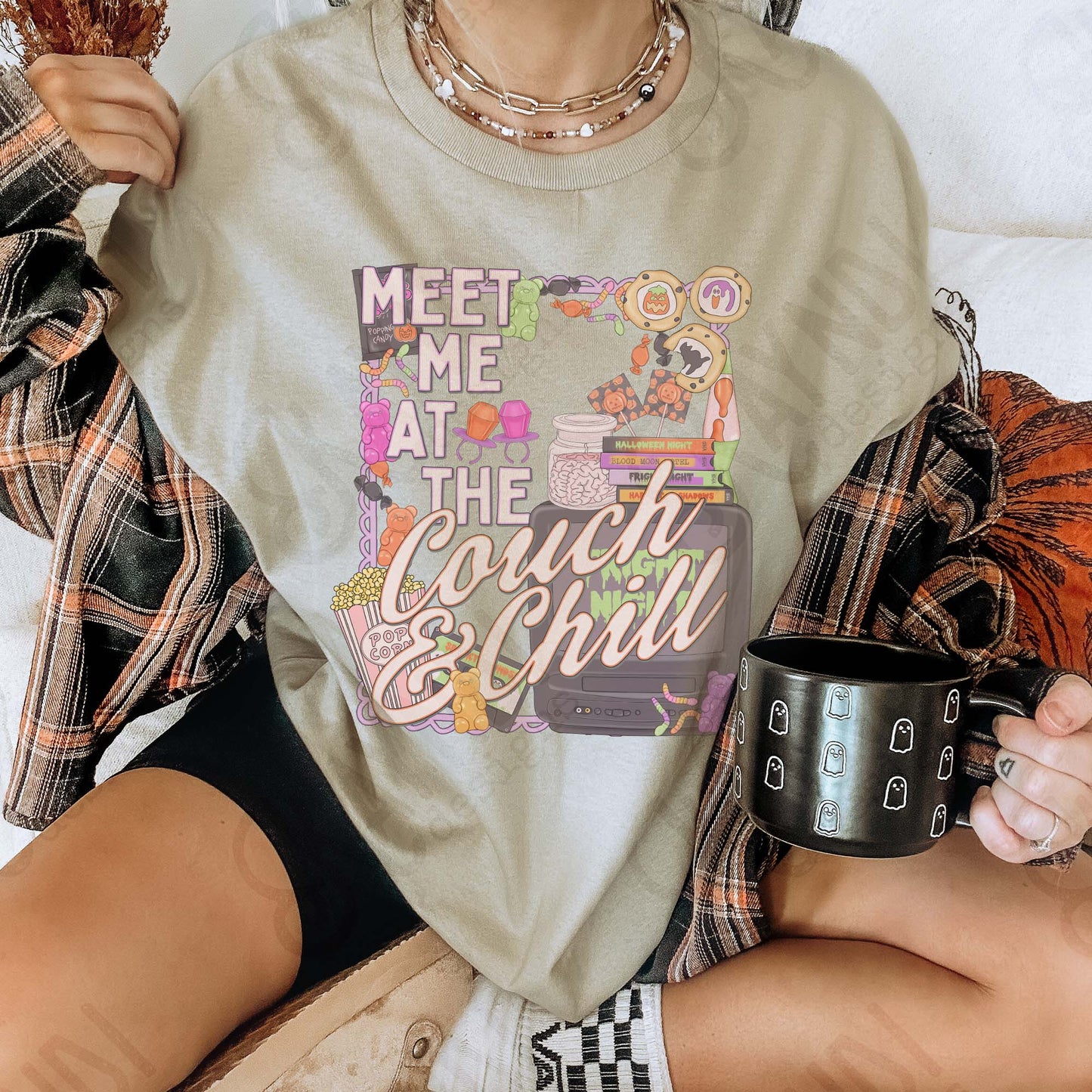 Meet Me at the Couch and Chill Sublimation Design PNG Digital Download Halloween Treats TV Fright Night