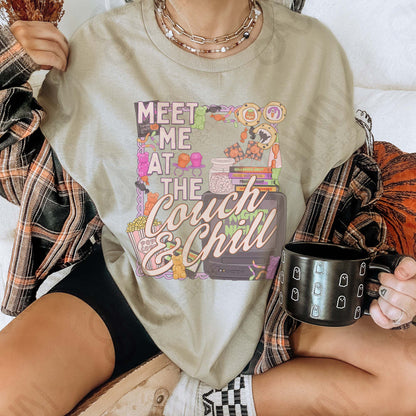 Meet Me at the Couch and Chill Sublimation Design PNG Digital Download Halloween Treats TV Fright Night