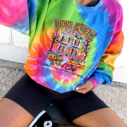 Boo Crew Colorful Sublimation Design PNG Digital Download Printable Halloween Haunted House Bat Pumpkins