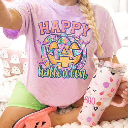 Happy Halloween Pumpkin Pink Sublimation Design PNG Digital Download Printable Halloween Pumpkin Bats