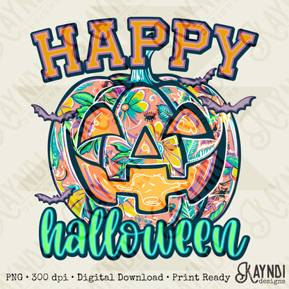 Happy Halloween Pumpkin Purple Sublimation Design PNG Digital Download Printable Halloween Pumpkin Bats