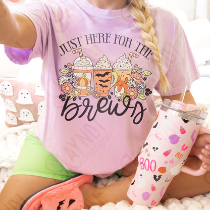 Just Here for the Brews Sublimation Design PNG Digital Download Printable Halloween Coffee Frappe Flowers Bats