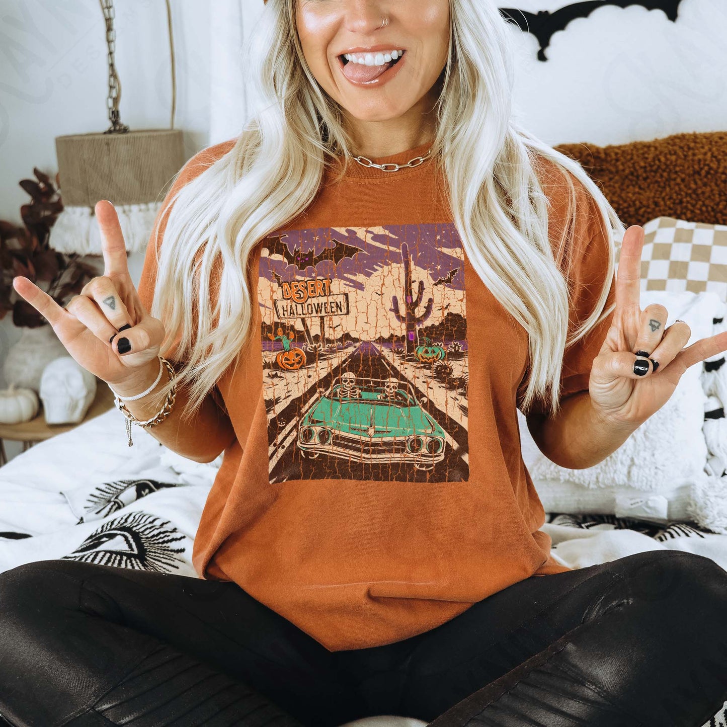 Desert Halloween Sublimation Design PNG Digital Download Vintage Convertable Skeletons Pumpkins