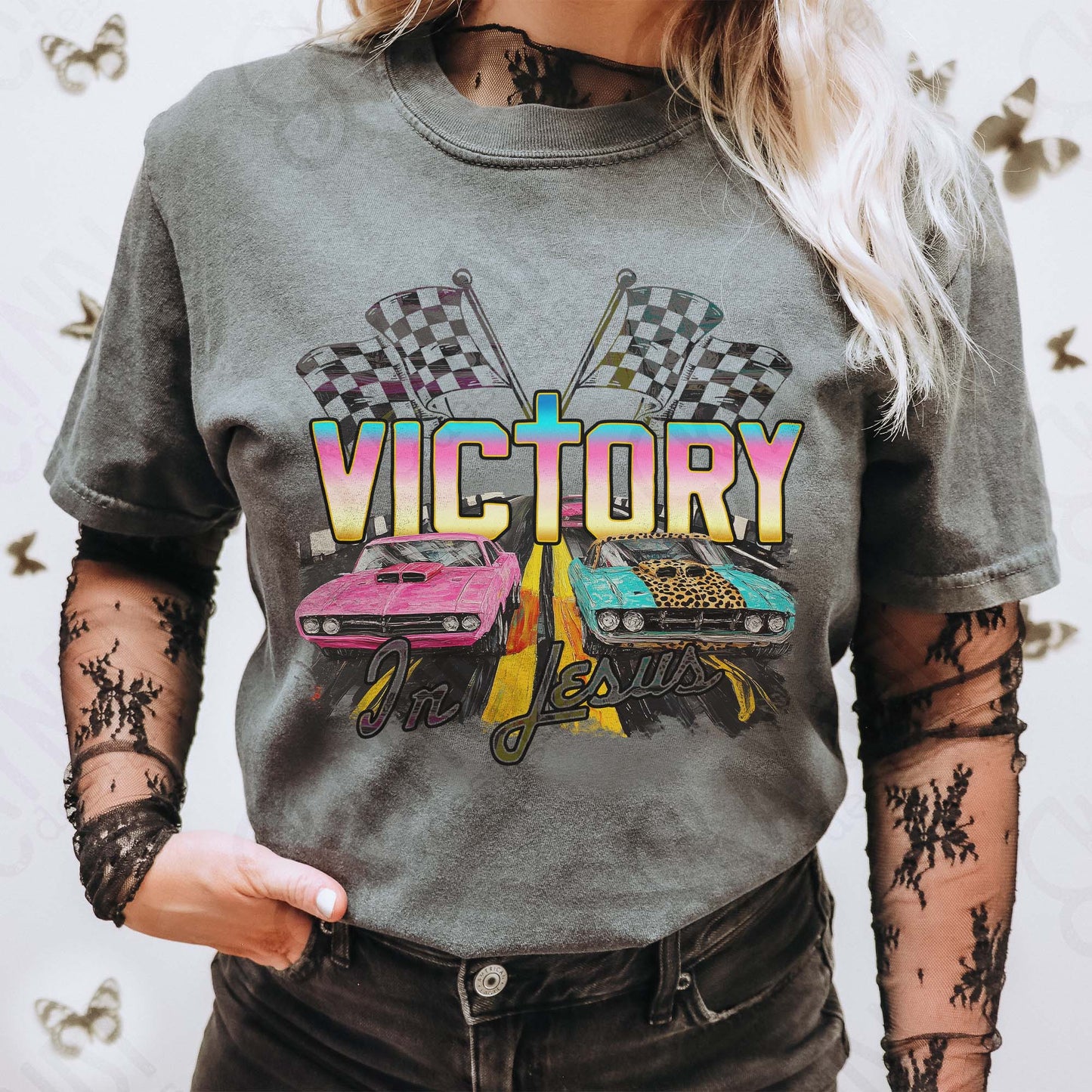 Victory in Jesus Sublimation Design PNG Digital Download Cheetah Sport Car Racing