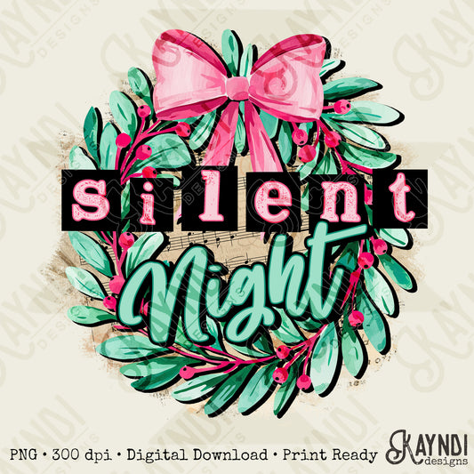 Silent Night Sublimation Design PNG Digital Download Printable Christmas Wreath