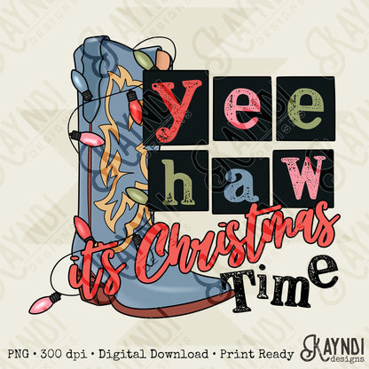YeeHaw Christmas Blue Sublimation Design PNG Digital Download Printable Western Cowboy Boots Lights