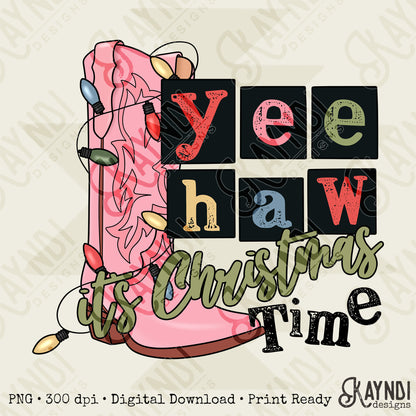 YeeHaw Christmas Pink Sublimation Design PNG Digital Download Printable Western Cowboy Boots Lights