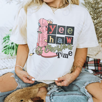 YeeHaw Christmas Pink Sublimation Design PNG Digital Download Printable Western Cowboy Boots Lights