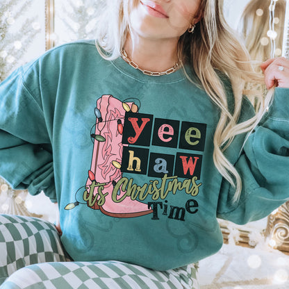 YeeHaw Christmas Pink Sublimation Design PNG Digital Download Printable Western Cowboy Boots Lights