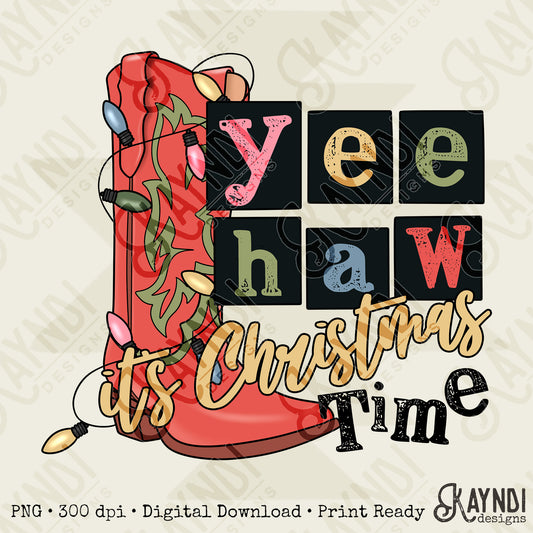 YeeHaw Christmas Red Sublimation Design PNG Digital Download Printable Western Cowboy Boots Lights