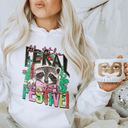 A Little Feral A Lotta Festive Sublimation Design PNG Digital Download Raccoon Christmas Lights