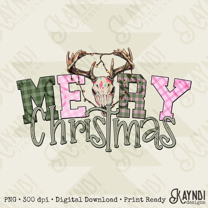 Christmas Christmas Deer Skull Sublimation Design PNG Digital Download Merry Christmas Green Pink Checkered