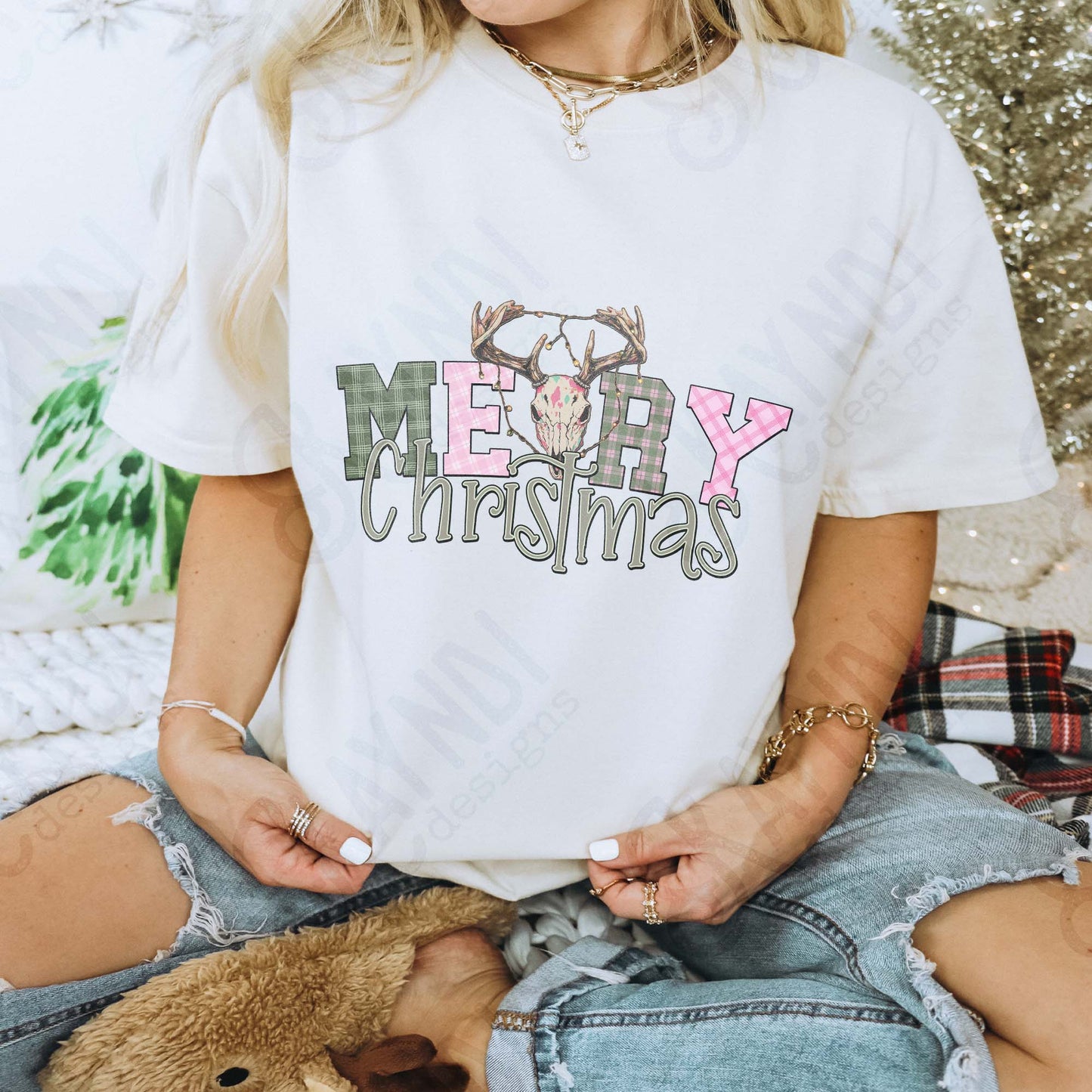 Christmas Christmas Deer Skull Sublimation Design PNG Digital Download Merry Christmas Green Pink Checkered