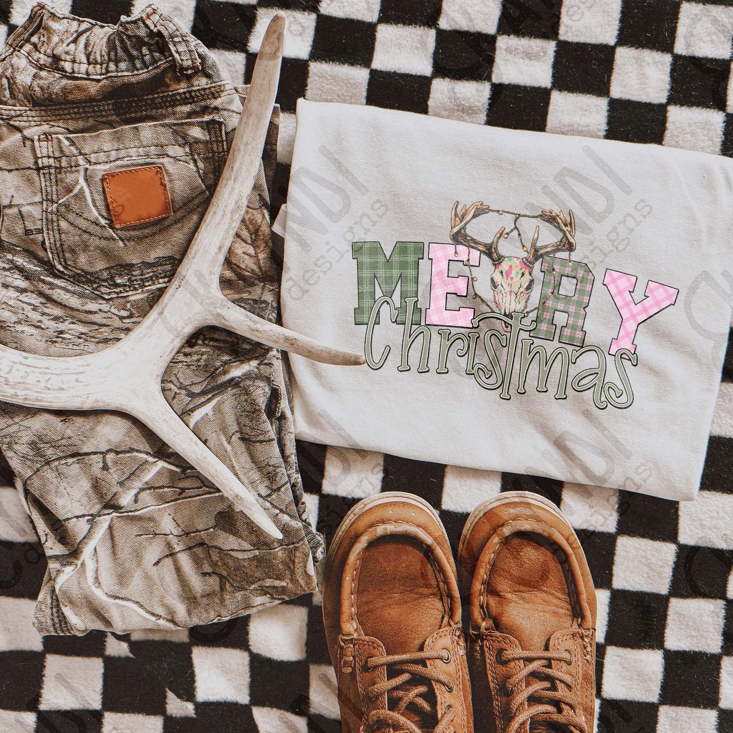 Christmas Christmas Deer Skull Sublimation Design PNG Digital Download Merry Christmas Green Pink Checkered