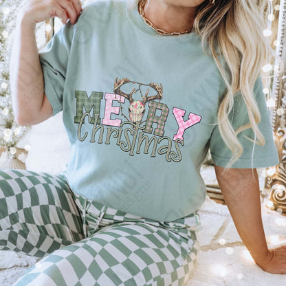 Christmas Christmas Deer Skull Sublimation Design PNG Digital Download Merry Christmas Green Pink Checkered