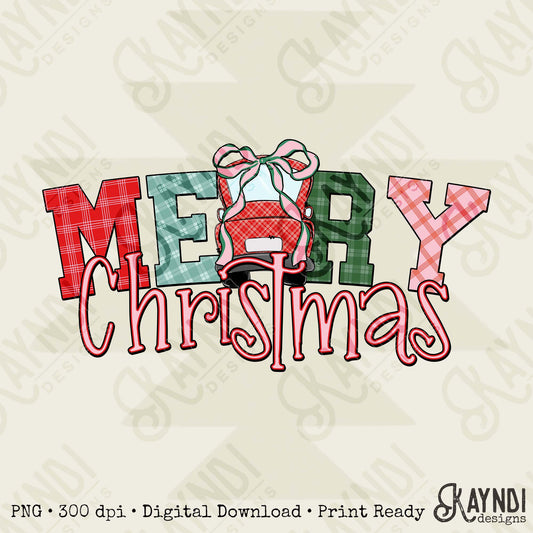Christmas Christmas Truck Sublimation Design PNG Digital Download Merry Christmas Cute Checkered Truck Bow
