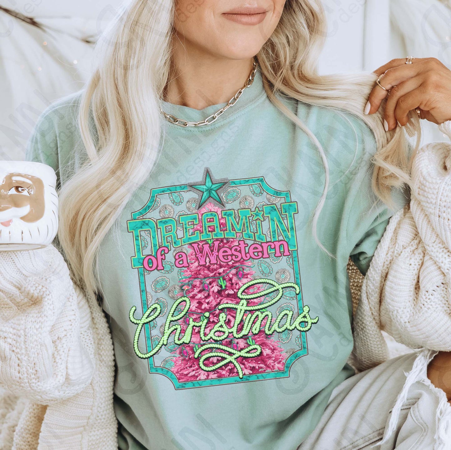 Dreamin of a Western Christmas Sublimation Design PNG Digital Download Pink tree Turquoise
