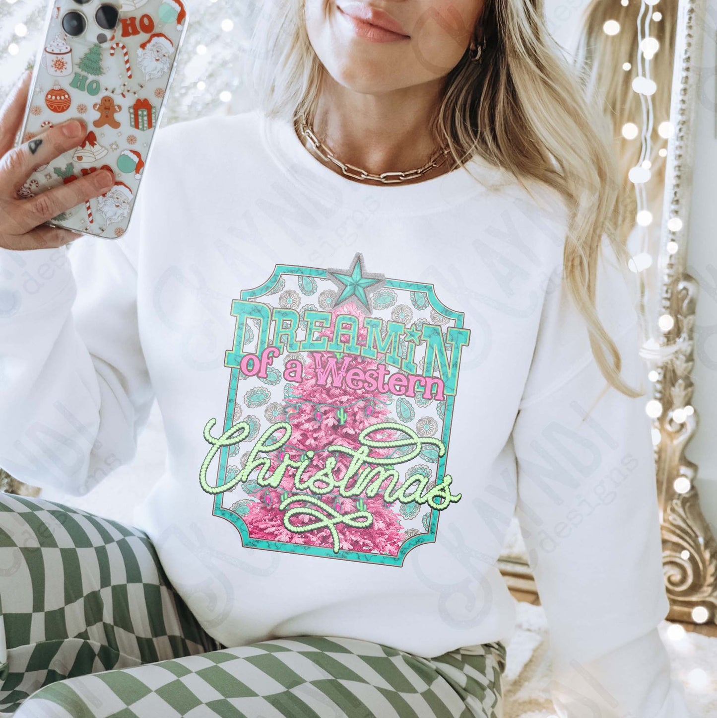 Dreamin of a Western Christmas Sublimation Design PNG Digital Download Pink tree Turquoise