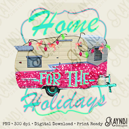 Home for the Holidays Sublimation Design PNG Digital Download Christmas Camper Lights