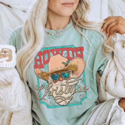 Howdy Christmas Sublimation Design PNG Digital Download Cowboy Santa Western Turquoise