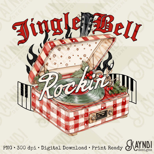 Jingle Bell Rockin Sublimation Design PNG Digital Download Christmas Record Player Music