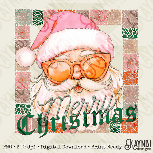 Merry Christmas Sublimation Design PNG Digital Download Pink Santa Flowers