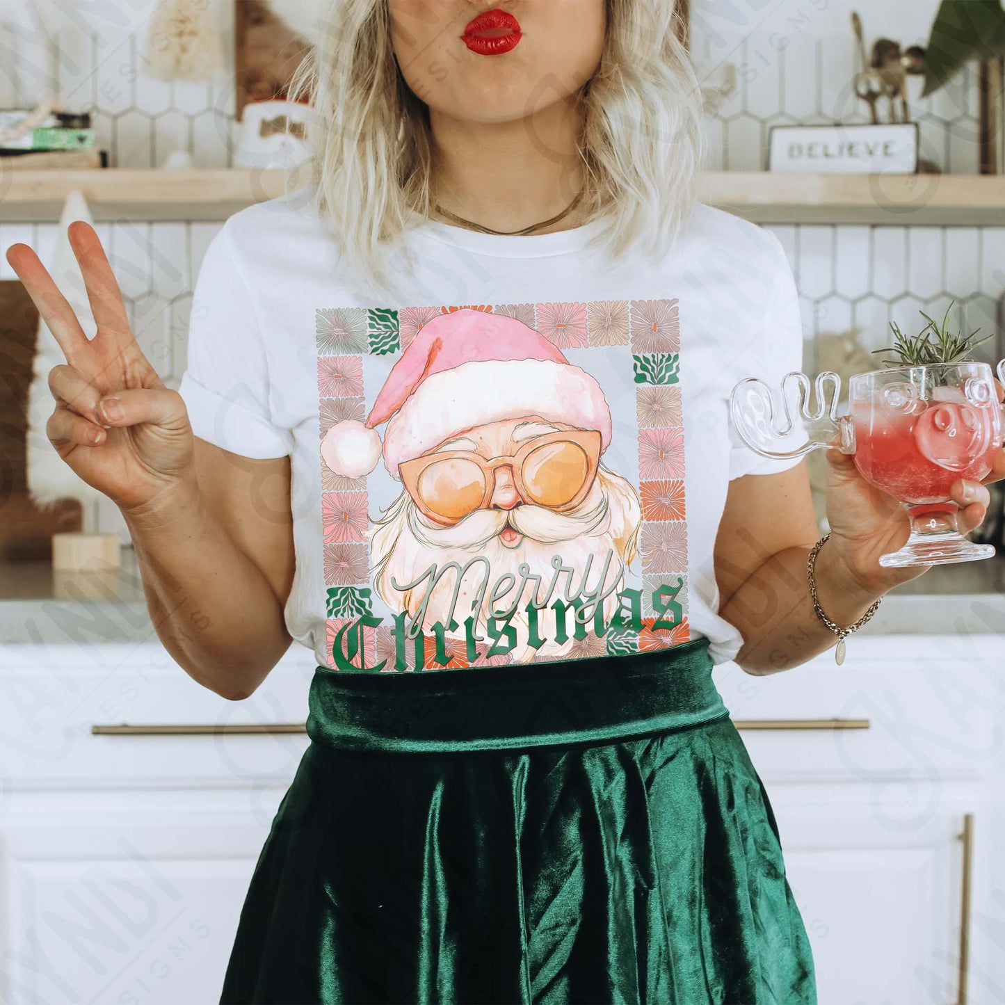 Merry Christmas Sublimation Design PNG Digital Download Pink Santa Flowers