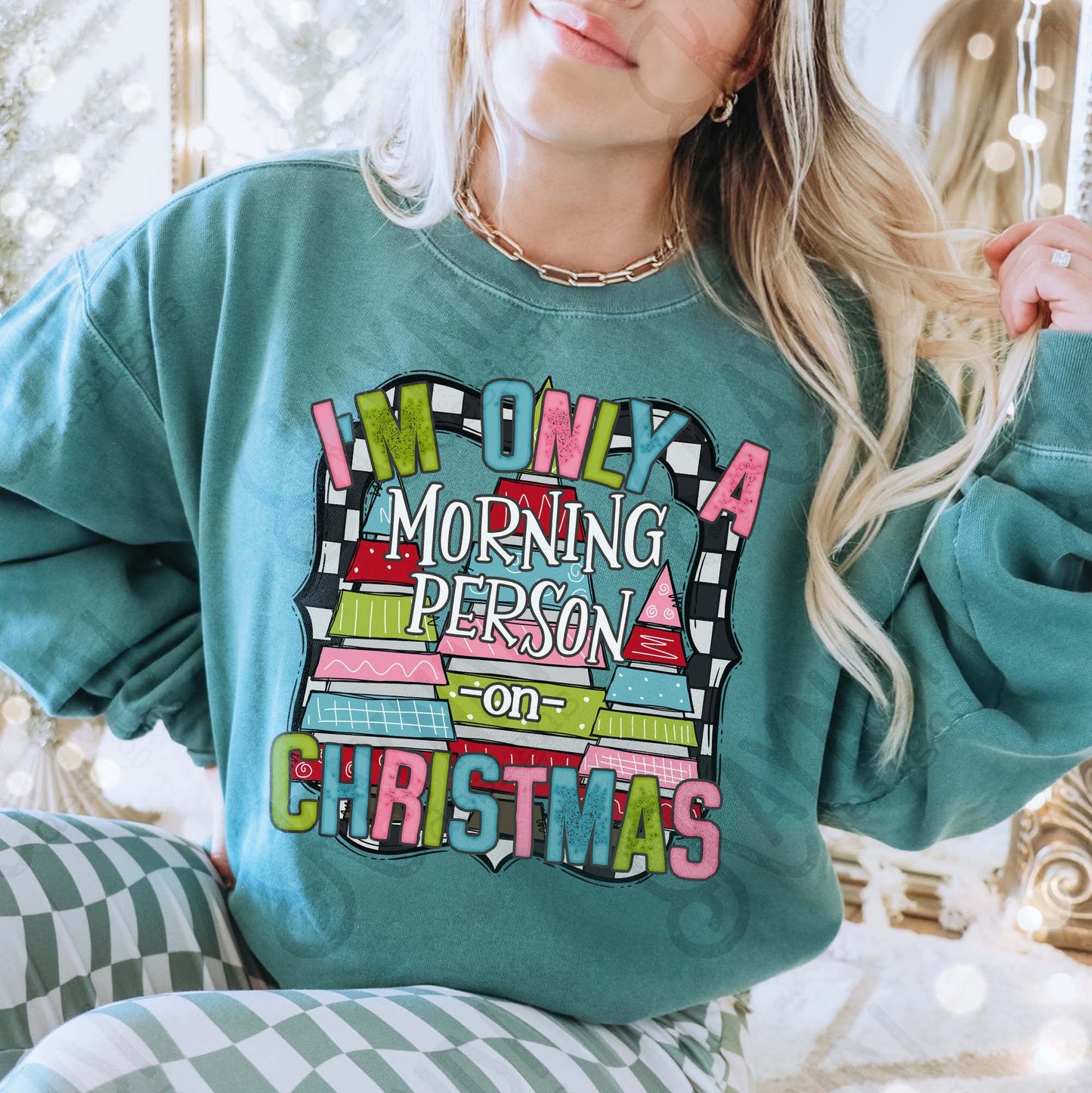 Morning Person on Christmas Checkered Sublimation Design PNG Digital Download Christmas Funny Colorful