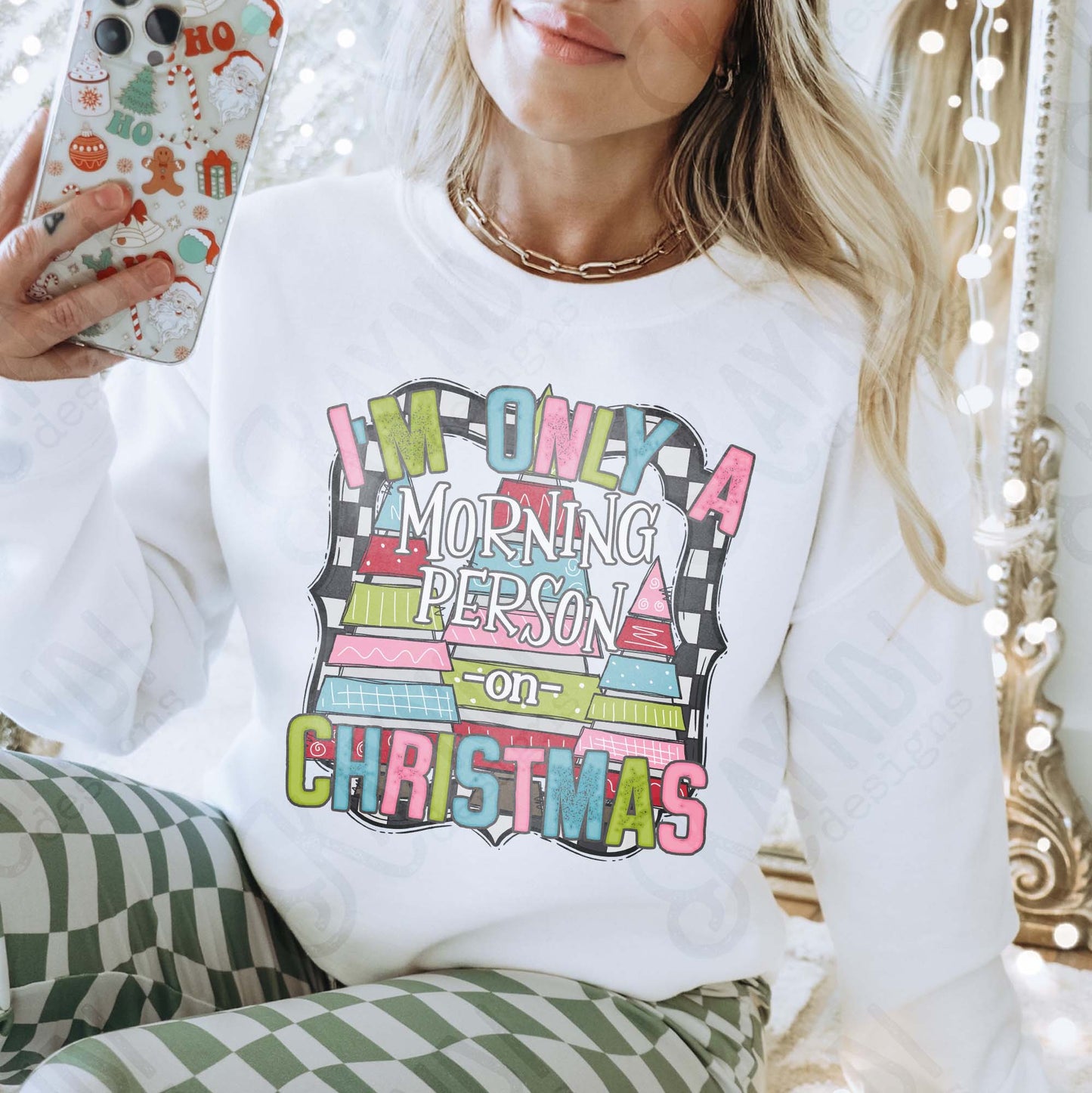 Morning Person on Christmas Checkered Sublimation Design PNG Digital Download Christmas Funny Colorful